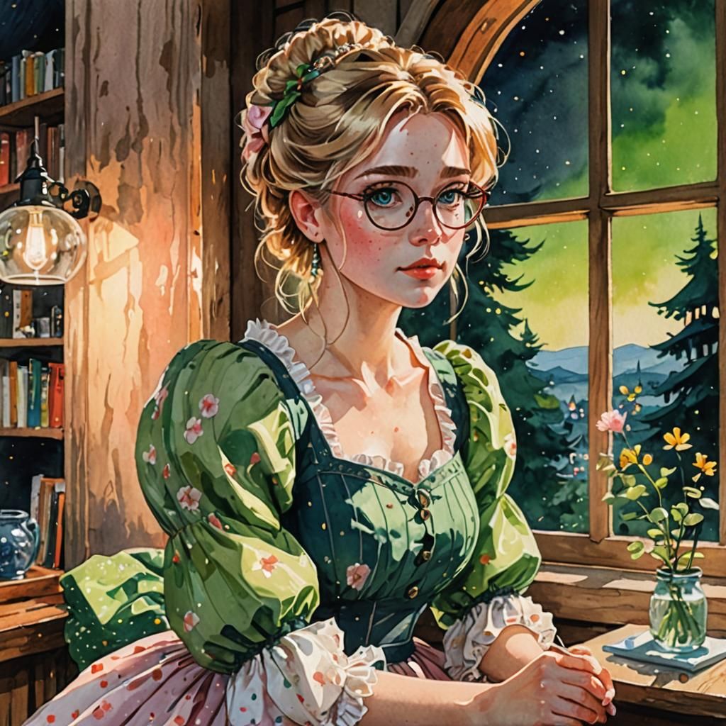 girl, blonde updo hair, green eyes, round glasses, dress, pu...