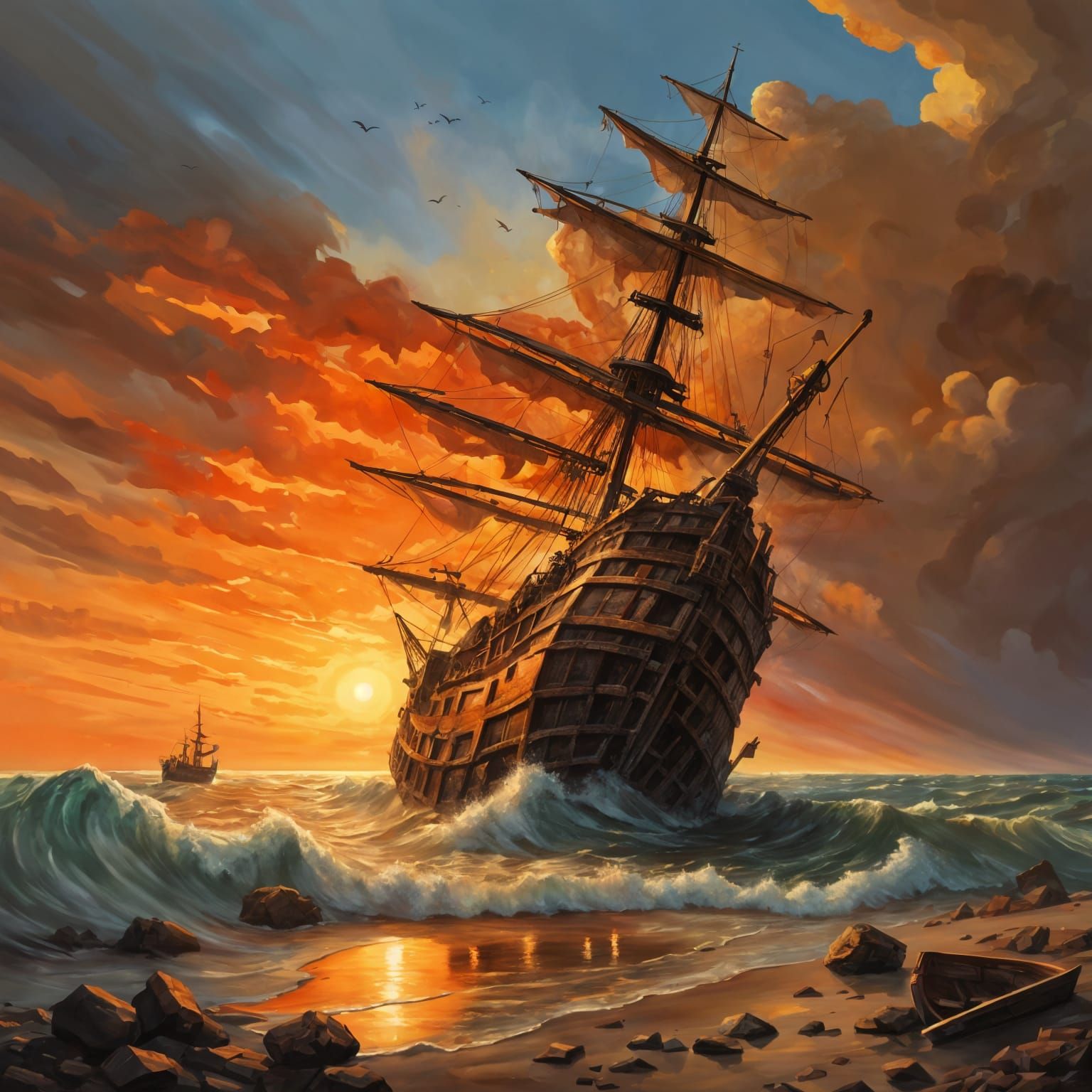 Epic Sunset Galleon Wreck in Hyper-Detailed Oil Painting