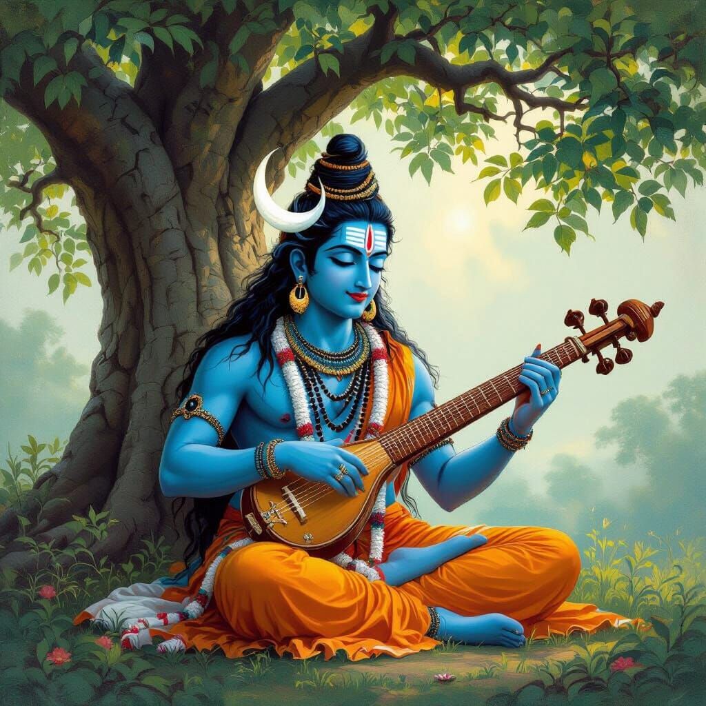 Serene Shiva Plays Veena Beneath Grand Tree
