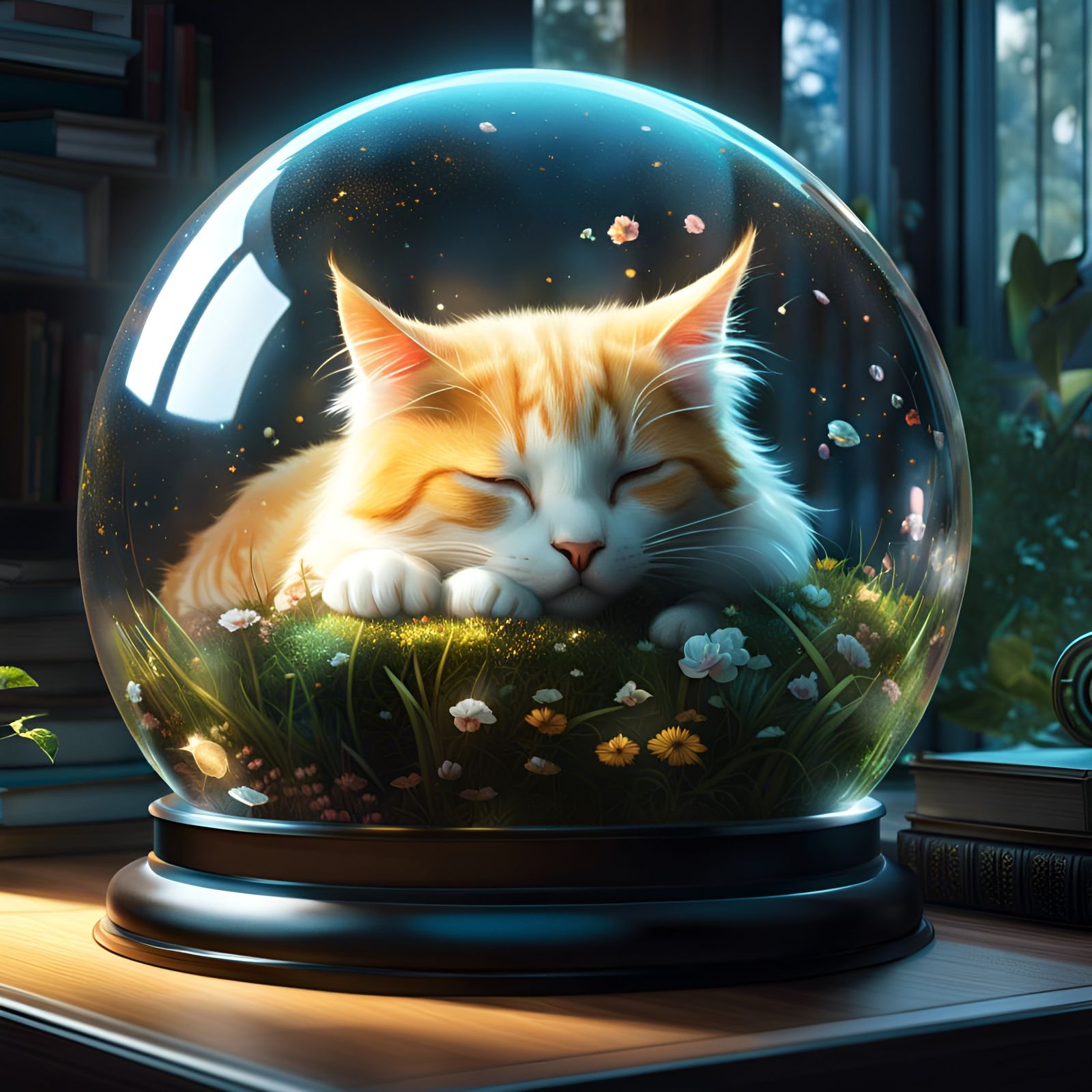 Adorable Cat Sleeping in Glass Sphere