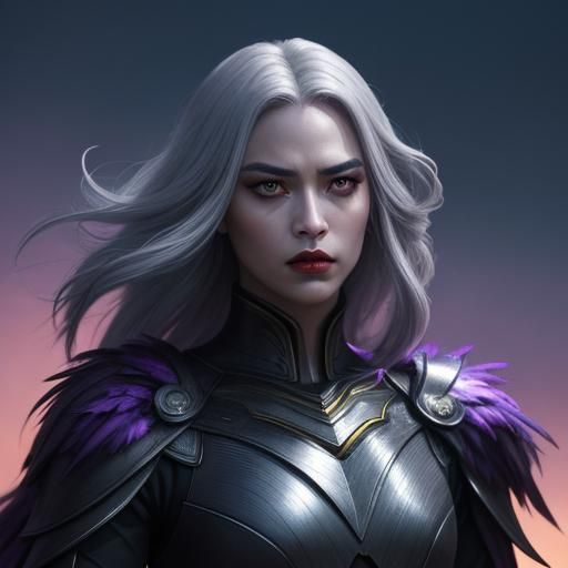 Cinematic Woman with Feathers and Silver Eyes