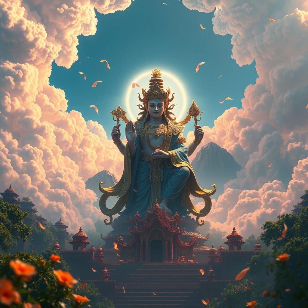 Deity in Ethereal Clouds, Majestic Architecture, and Vibrant...