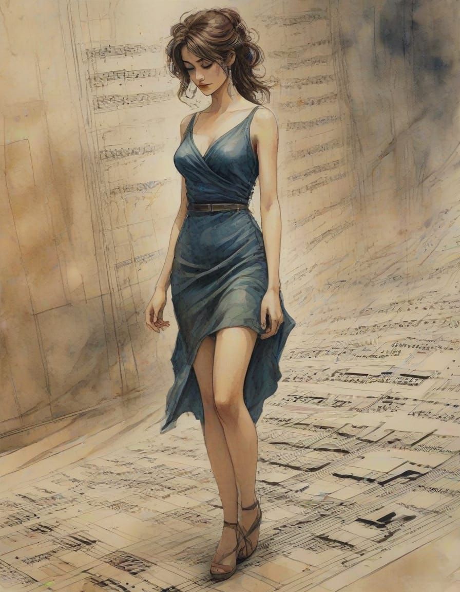 Disco Woman Walks Music Score in Moody Watercolor Art