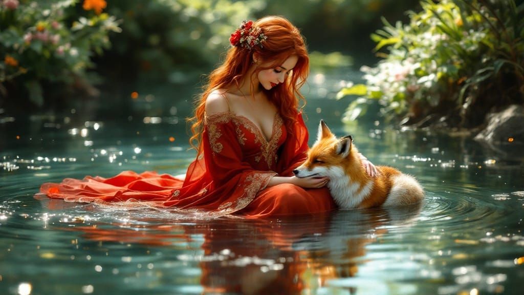 Woman in Crimson Dress Cradles Fox in Ethereal Water Scene