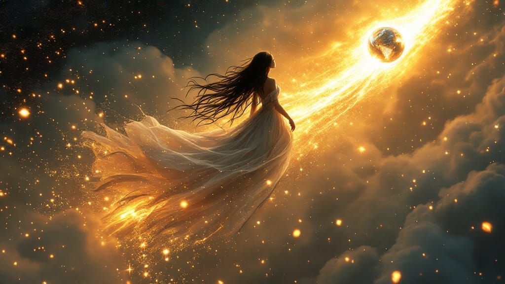 Cosmic Sorceress on a Comet's Tail in Ethereal Splendor