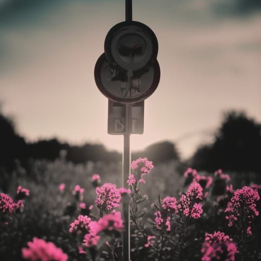 Glowing Pink Flowers in Monochrome Town at Sunset