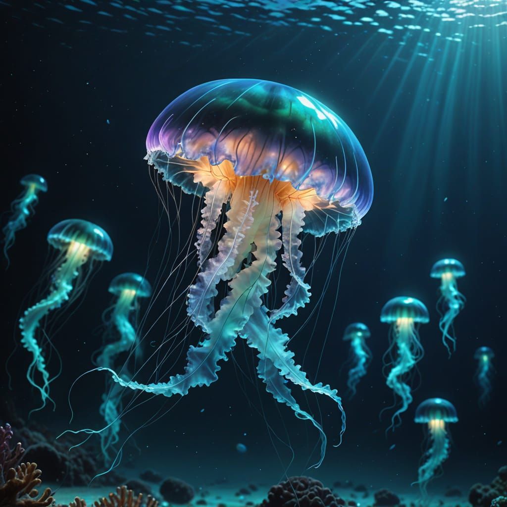 Ethereal Jellyfish in Deep Ocean Vistas