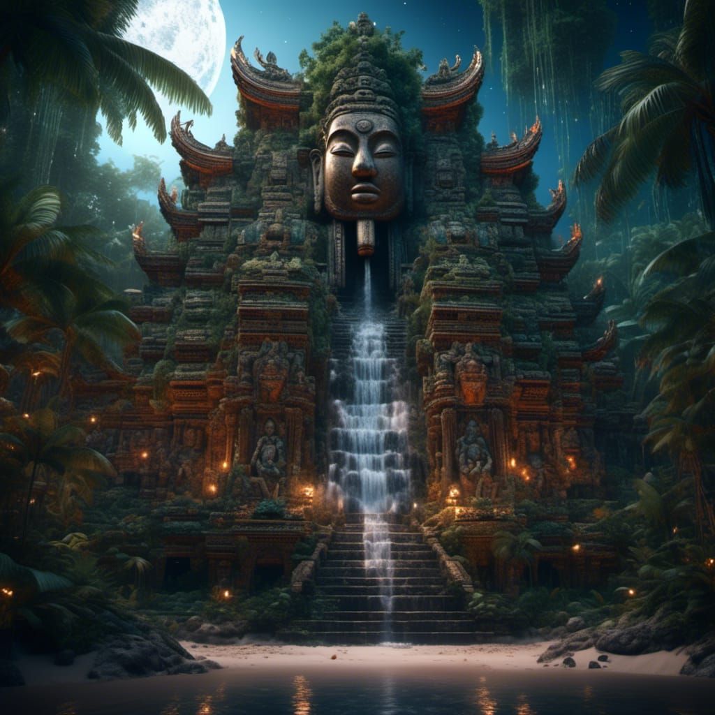 Exotic Cambodian Temple Sculpture in Jungle Lagoon