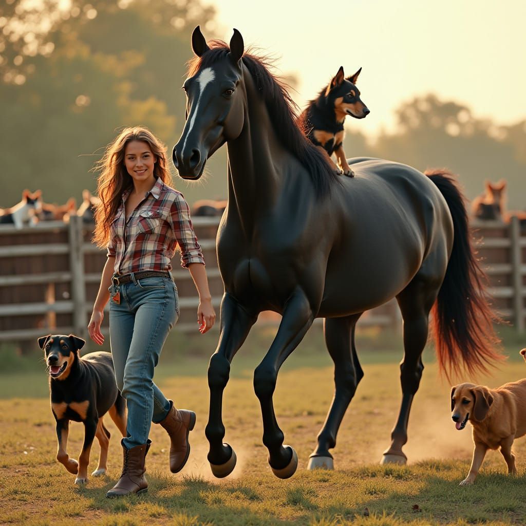 Rustic Ranch Life Scene with Horses and Pets