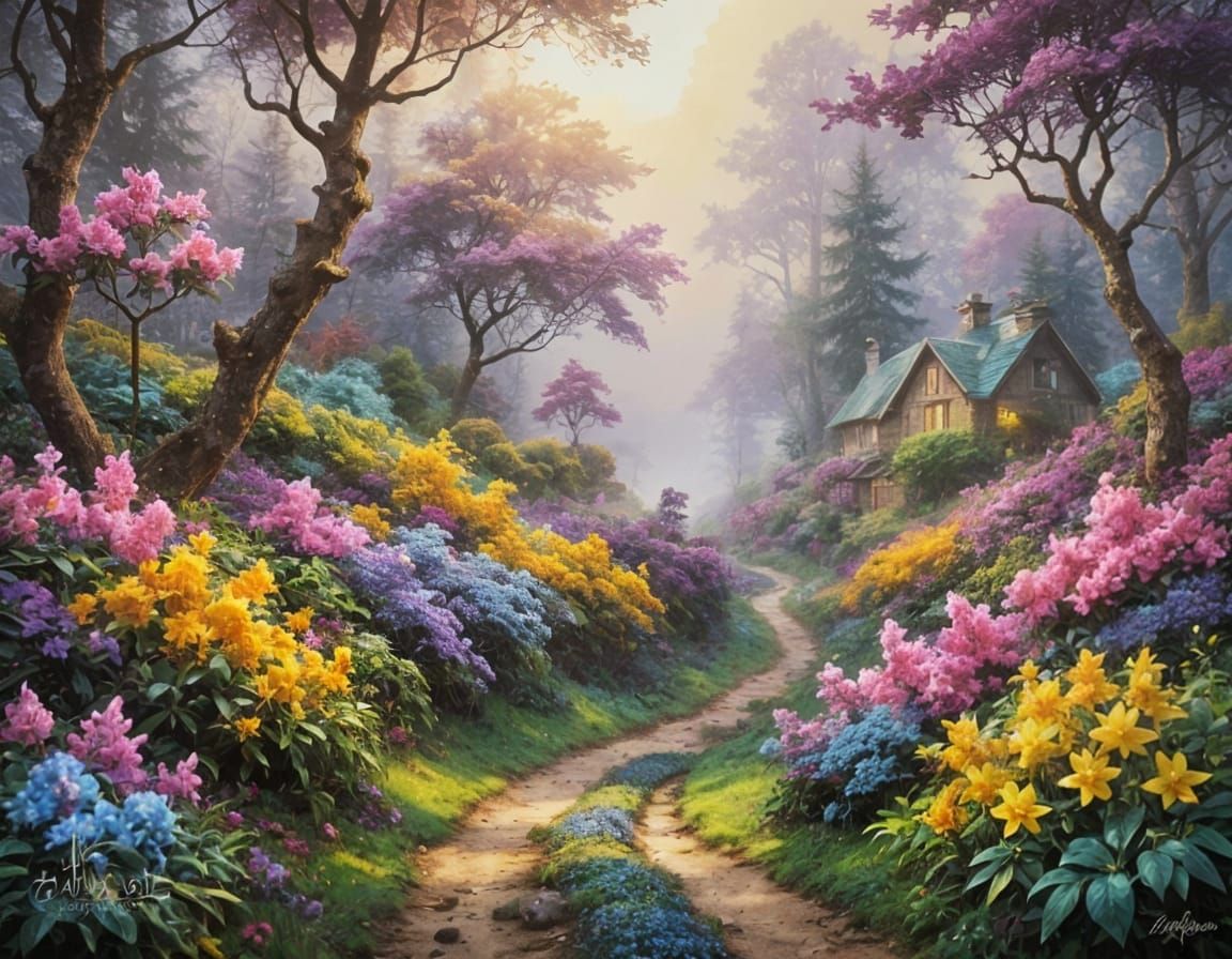 Vibrant Spring Village Scene in Melted Oil Paint