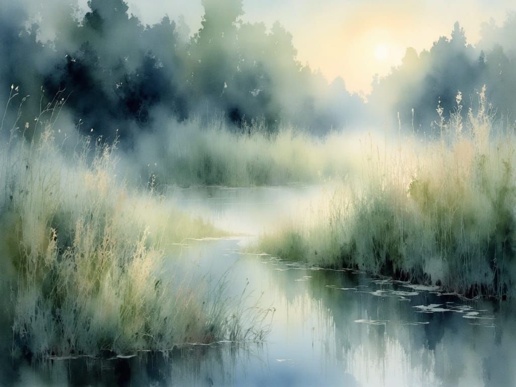 Moonlit Fens of Fensalir in Impressionist Watercolor Style