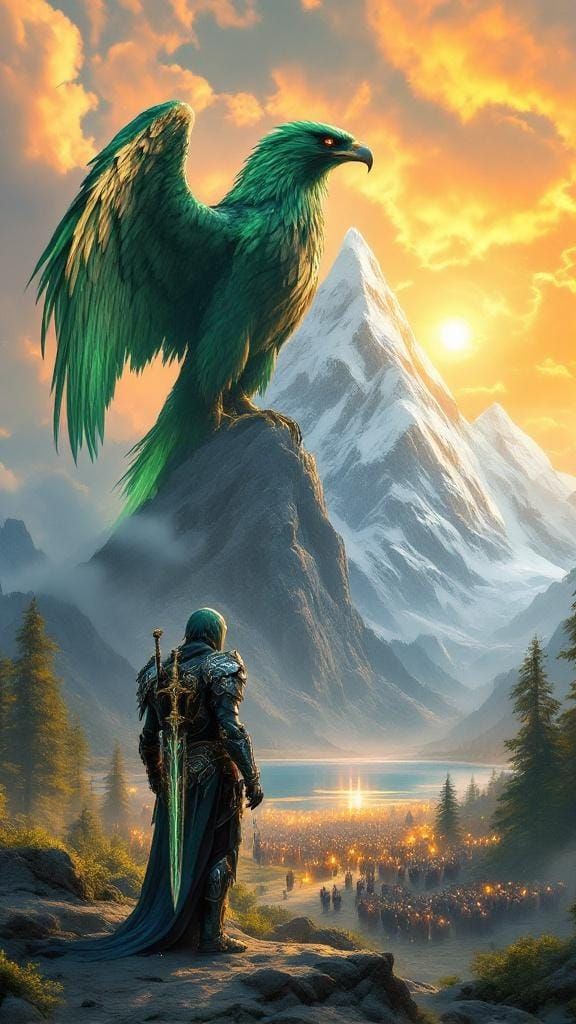 Eagle on Mountain with Futuristic Knight