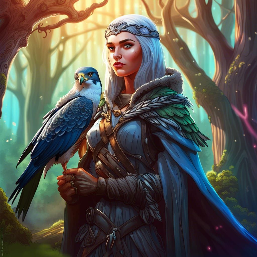 Elven Princess with Peregrine Falcon in Magical Forest