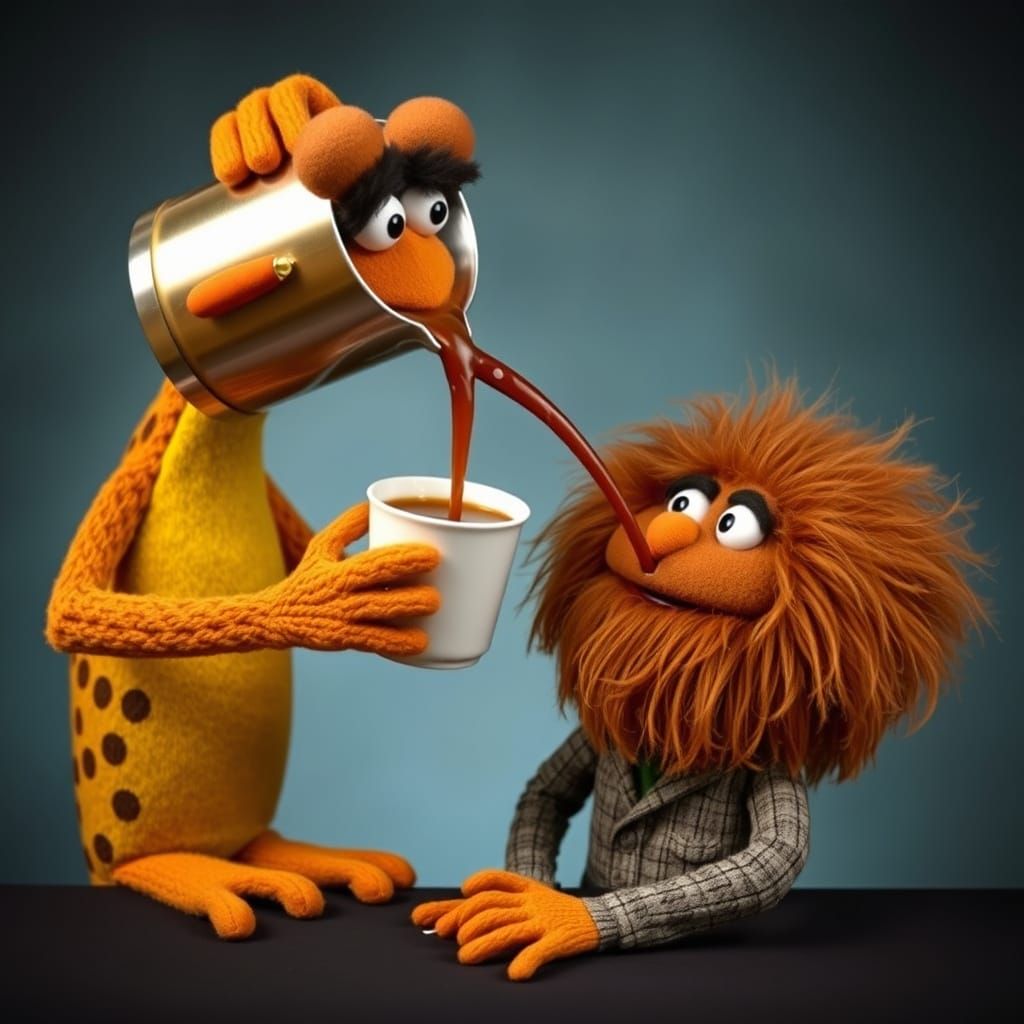 Wilkins, the brown froglike puppet, pours a pot of hot Wilkins Coffee all over the brown puffy puppet Wonkins.