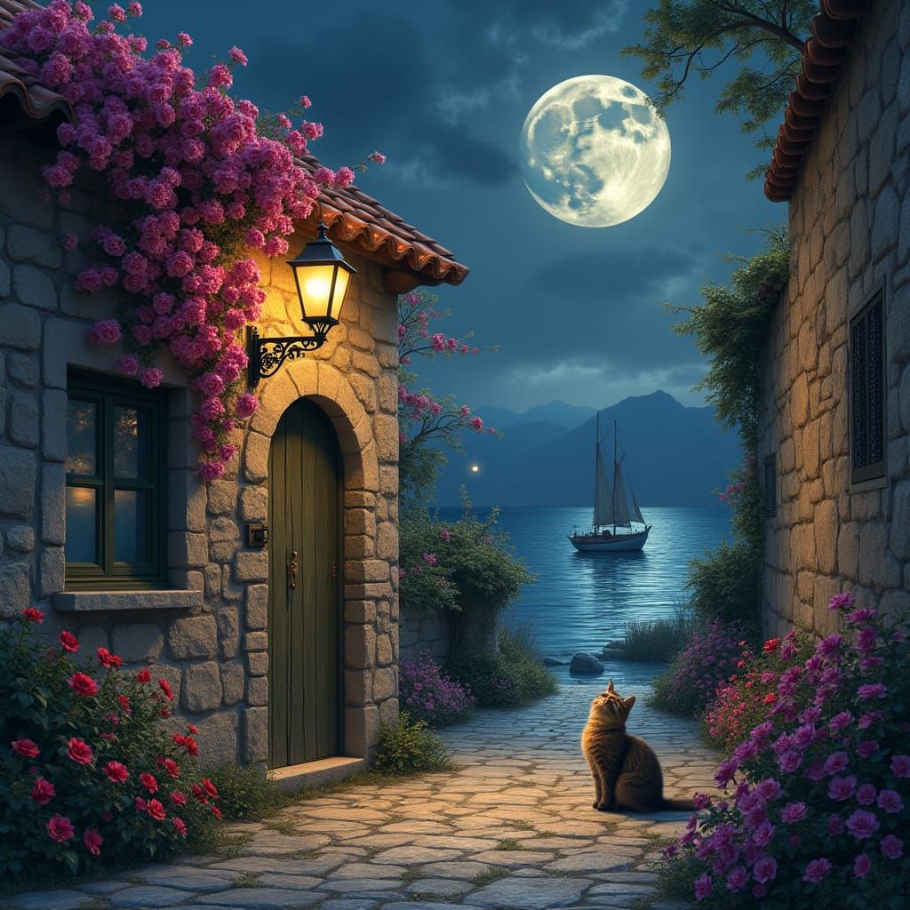 Stone House Wall with Rosebush in Detailed Matte Painting