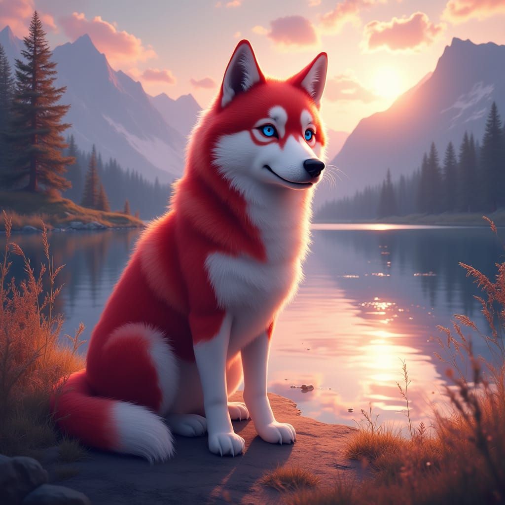 Red and White Husky at Sunset Lake