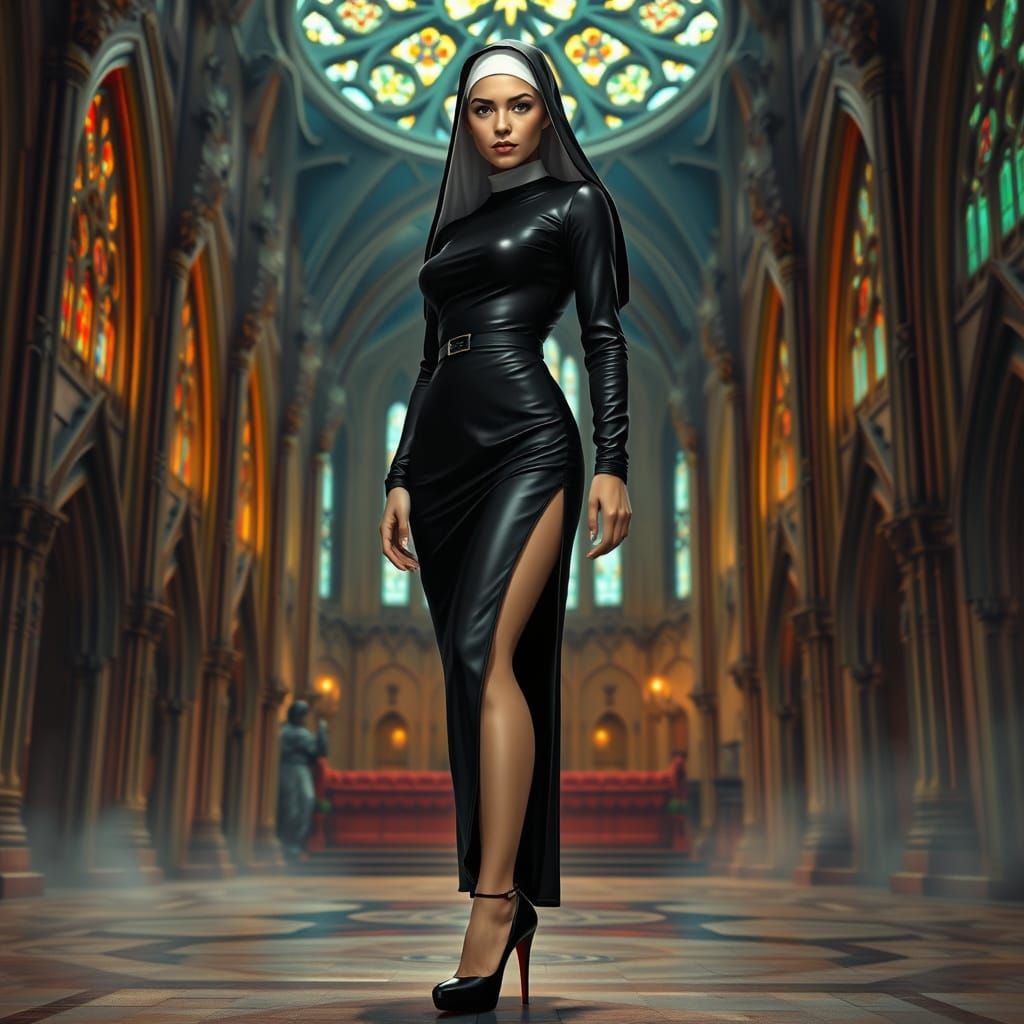 Confident Nun in Latex Habit against Gothic Church Backgroun...