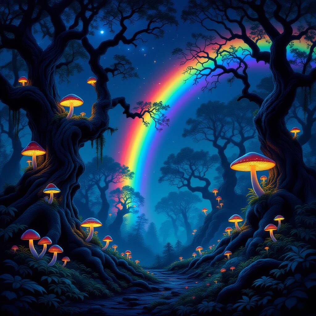 Magical Midnight Forest With Luminous Rainbow