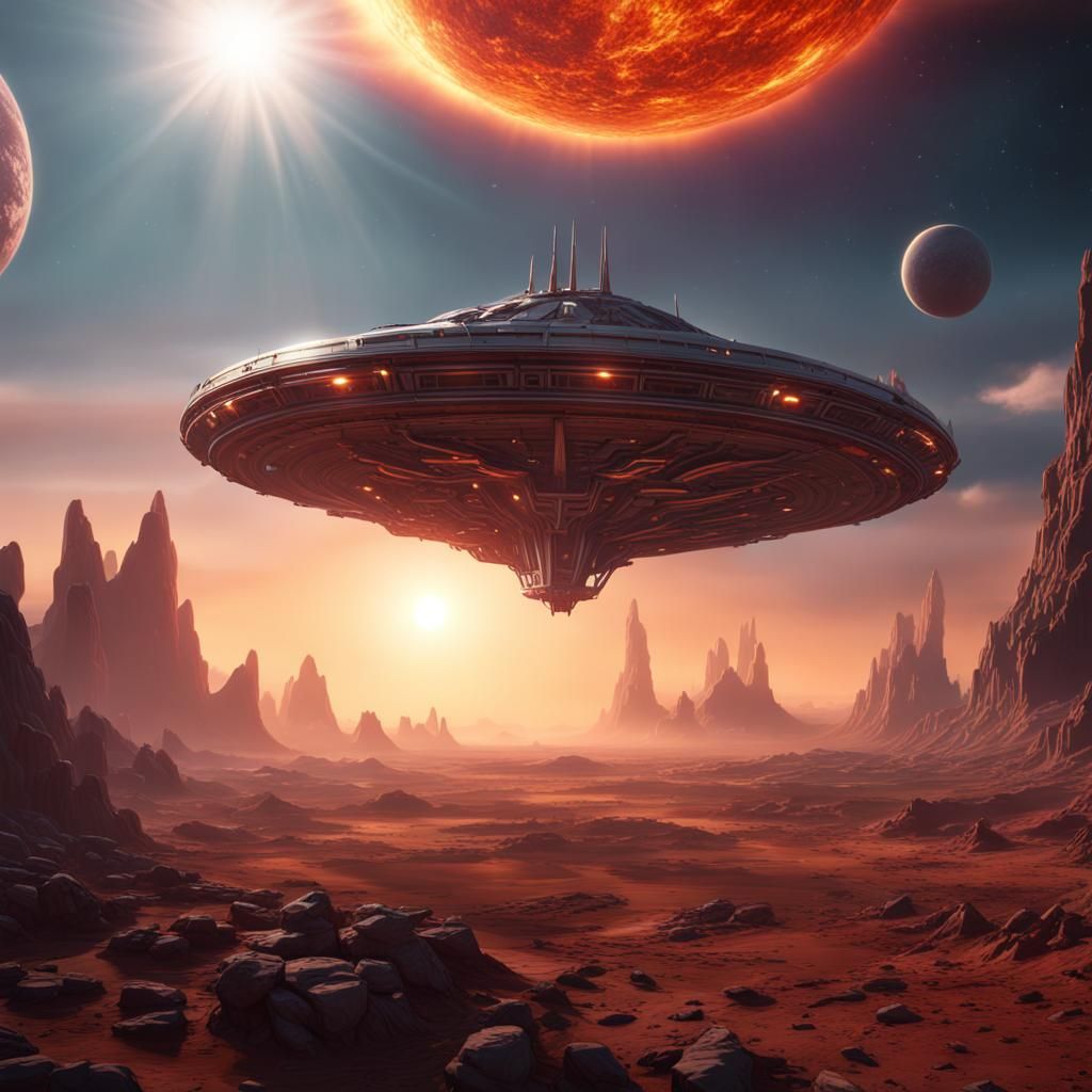 Alien Sunrise with Spaceship, Fantasy Concept Art