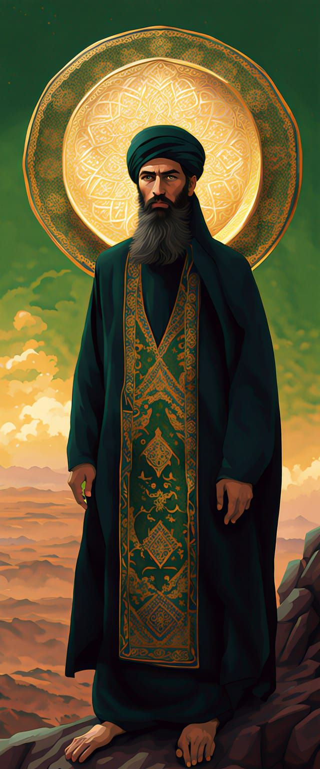 Regal Islamic Saint in Majestic Attire with Sacred Inscripti...