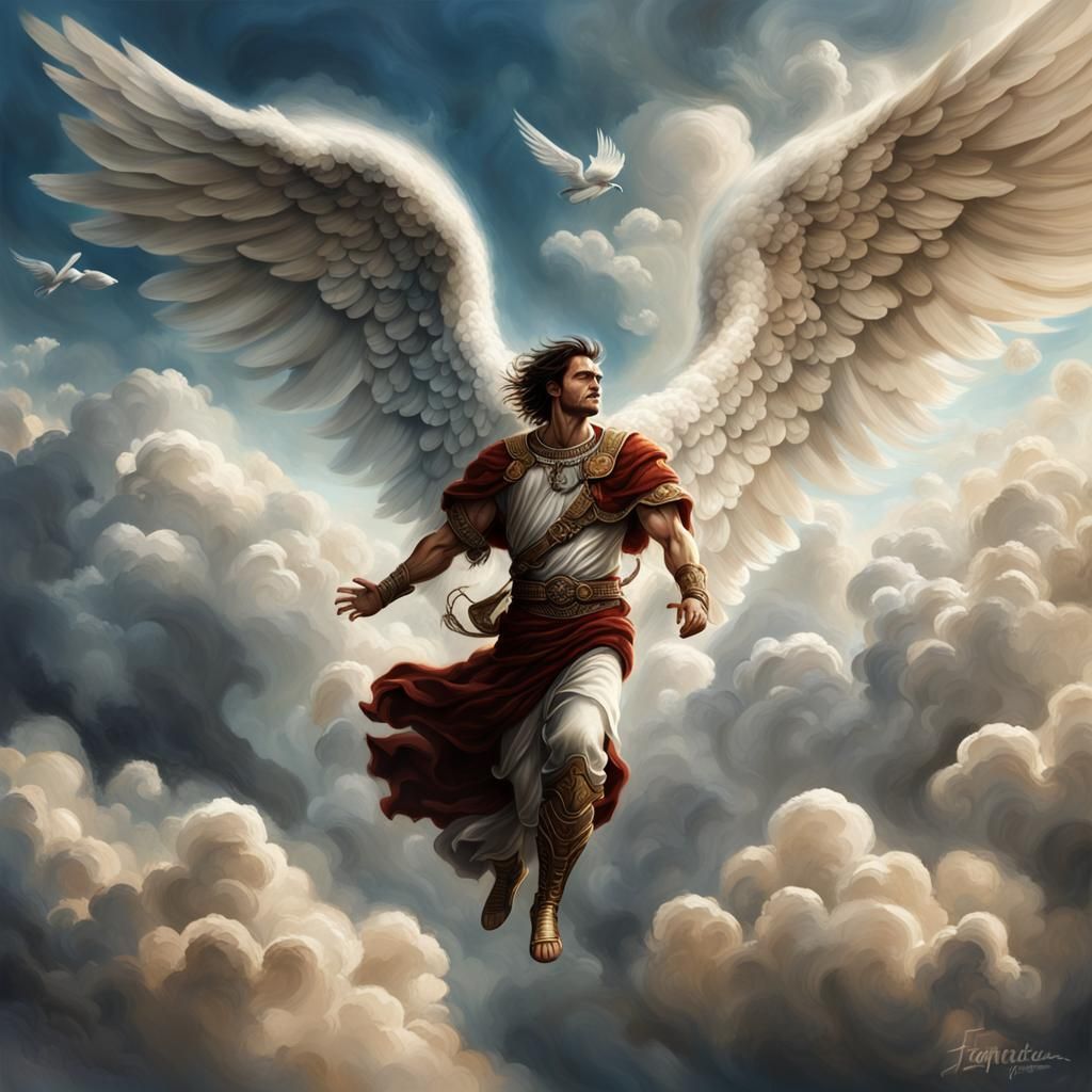Muscular Angel Flying in Clouds with Scroll