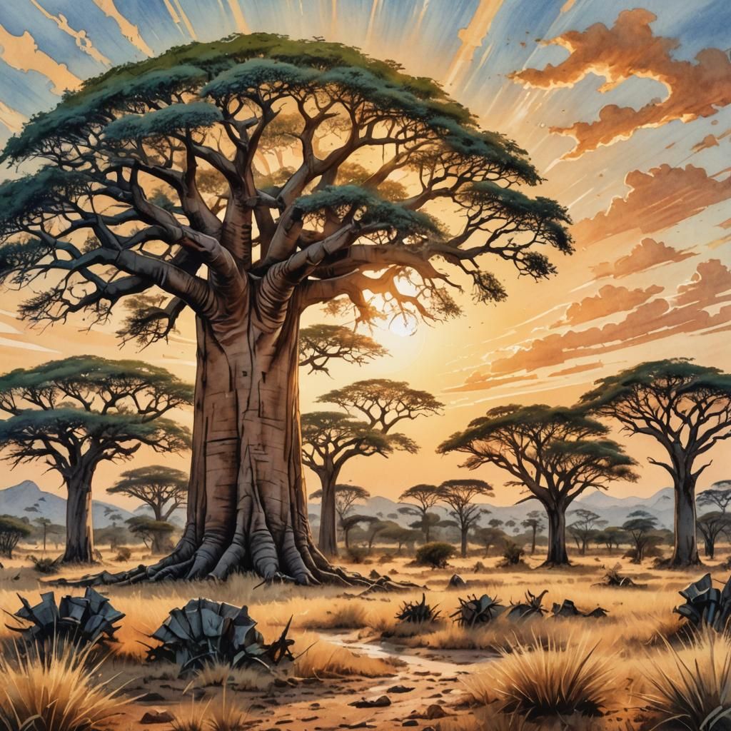 Baobab Tree in South African Savannah as Comic Art