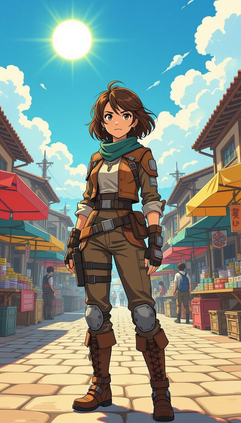 Anime Style Female Warrior in Alien Market Square
