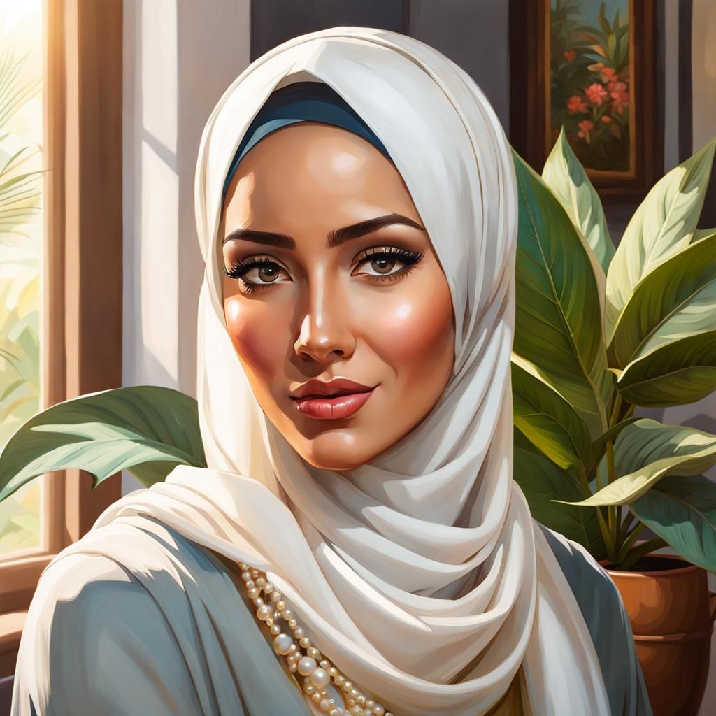 Hijabi Woman in Coffee Shop: Digital Portrait