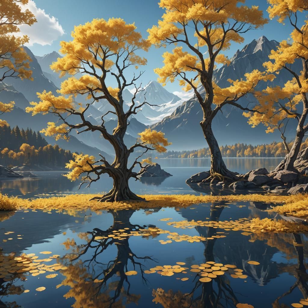 Lone Tree Reflecting on Lake: Detailed Matte Painting