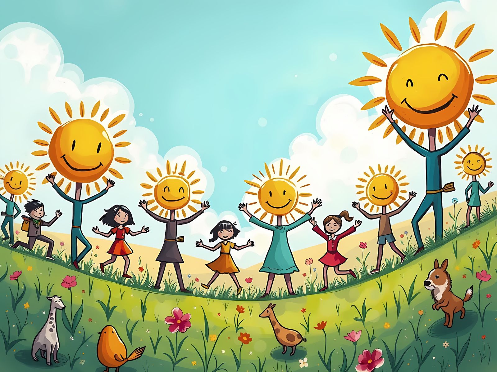 Vibrant Whimsical Scene with Dancing Humans and Animals in a...