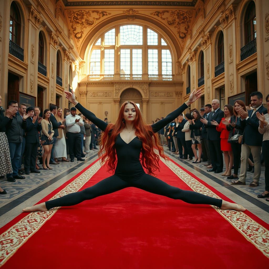 Elegant Redhead in Extreme Split Pose on Golden Runway