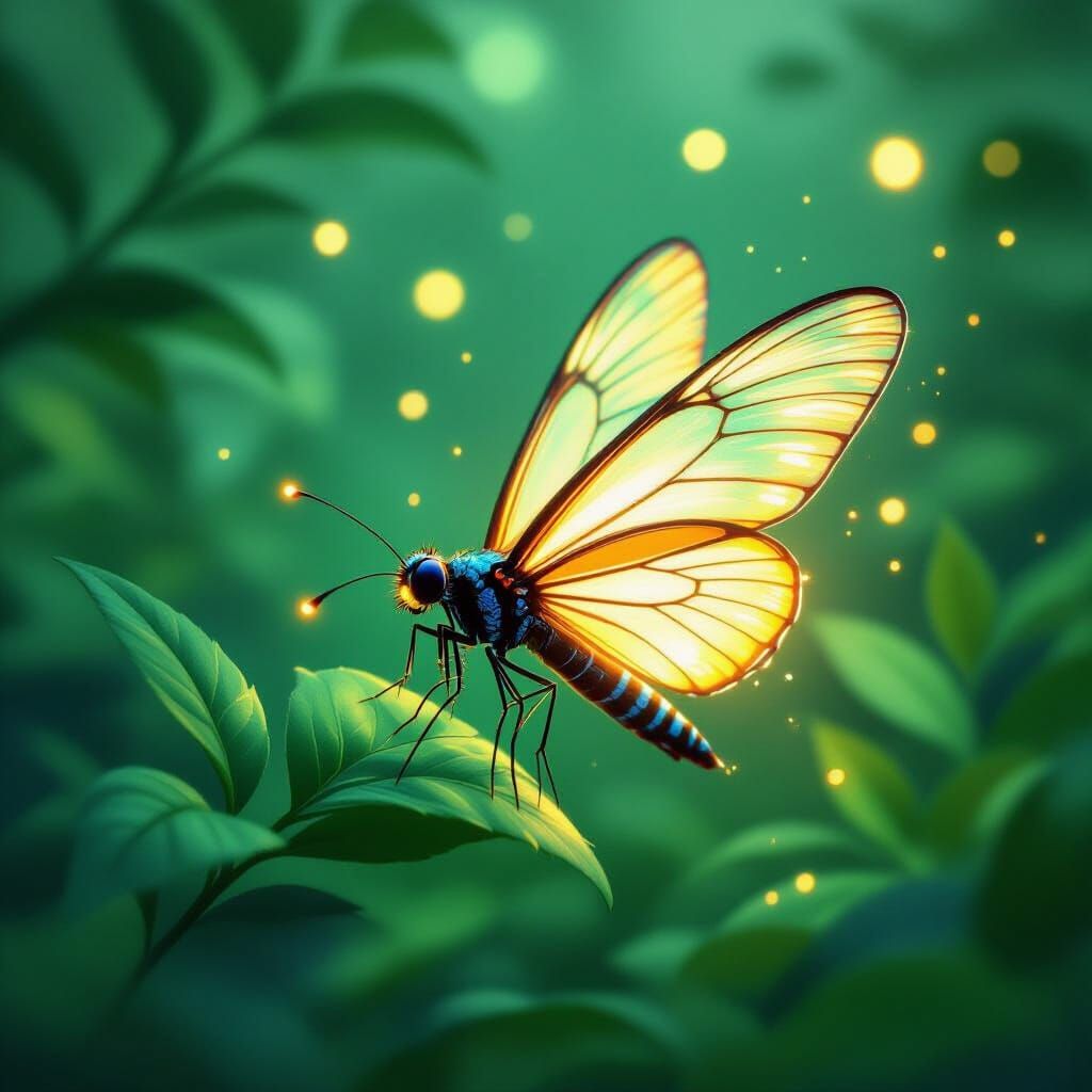 Whimsical Firefly in Lush Foliage with Ethereal Lighting