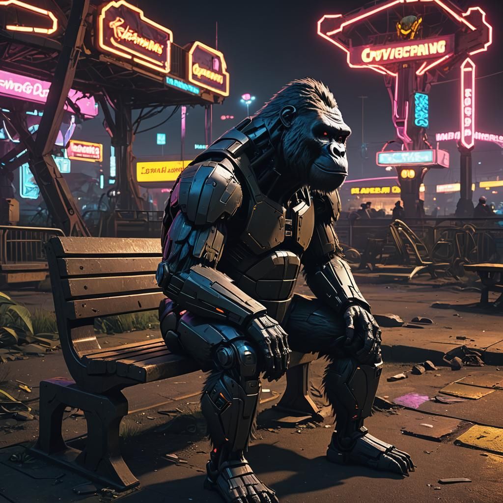 Broken Robot Gorilla in Abandoned Cyberpunk Park