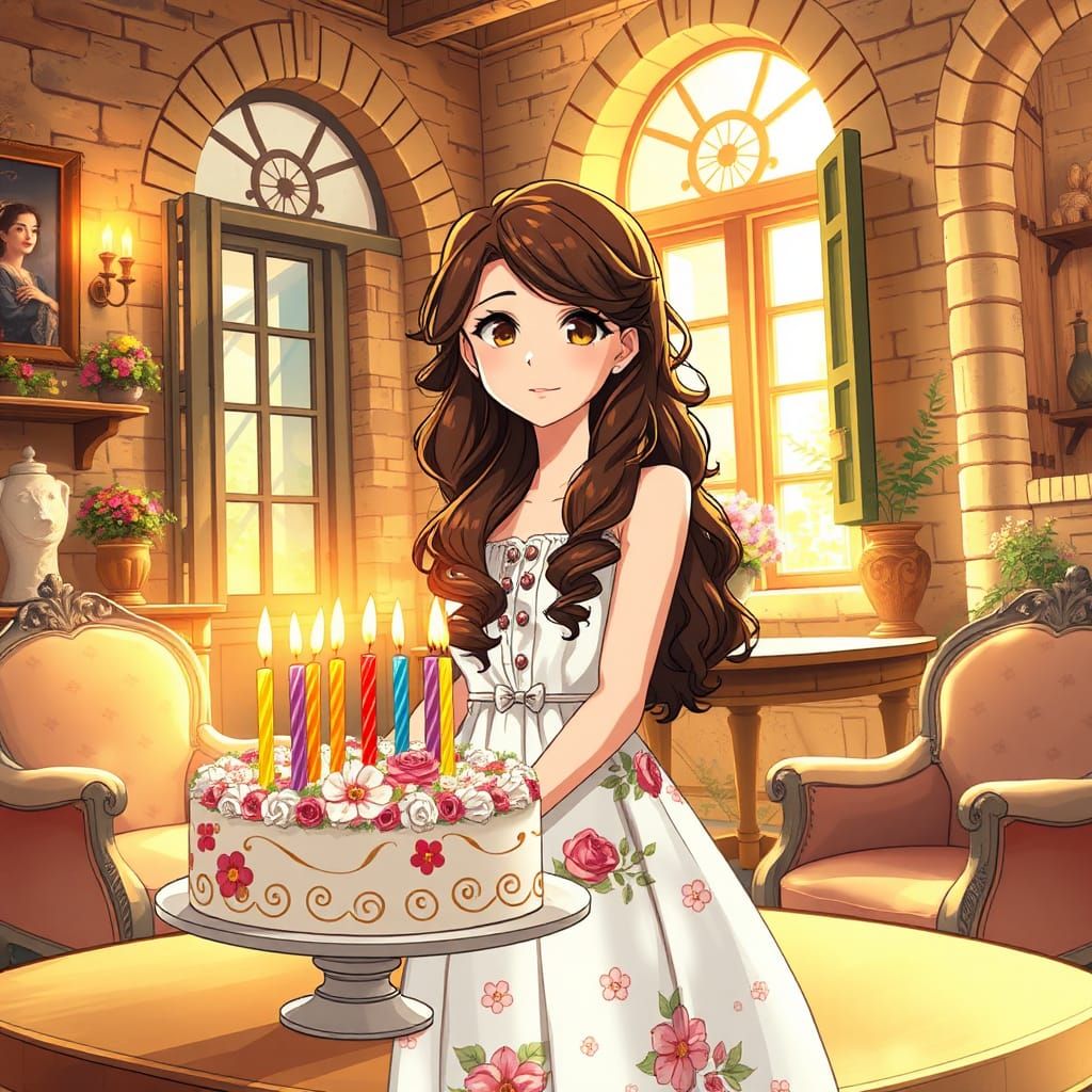 Italian Girl's Birthday Celebration in Anime Style