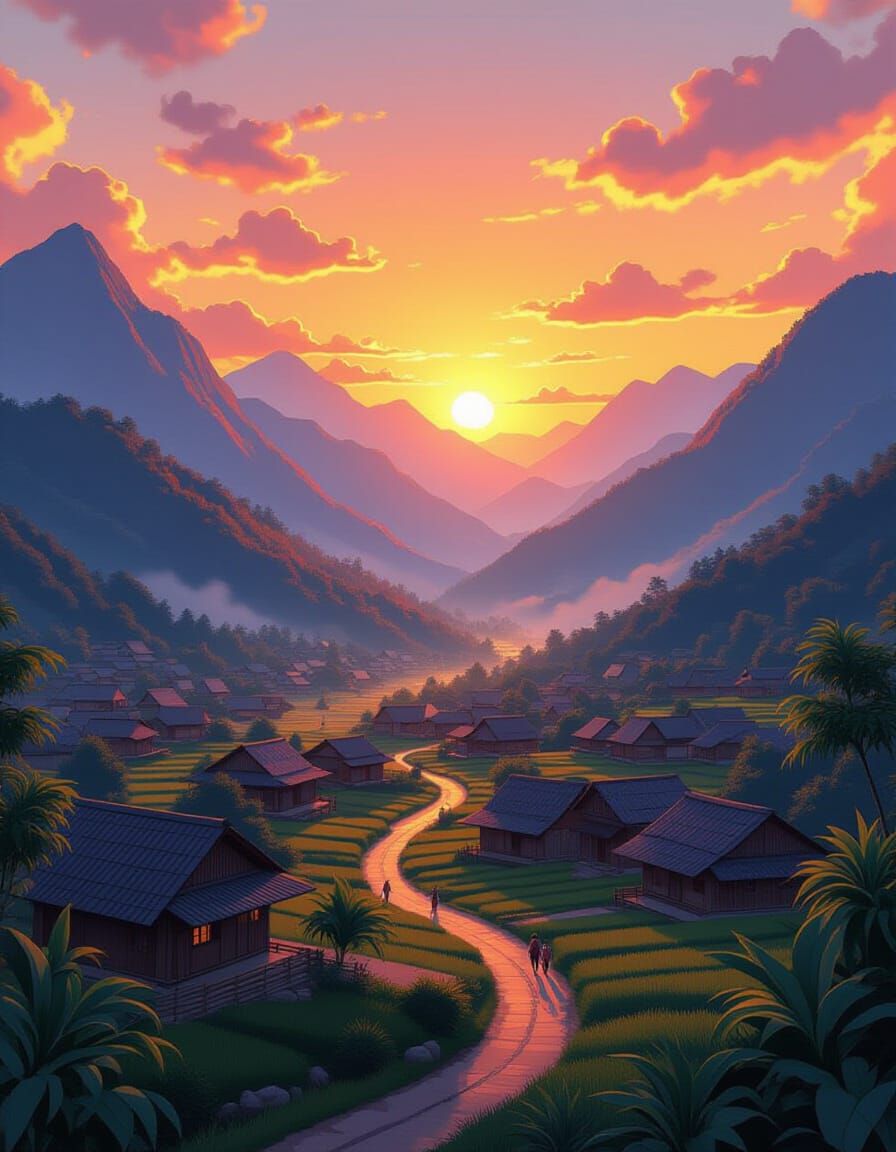 Hmong Village at Sunset, Hyperrealistic Digital Art