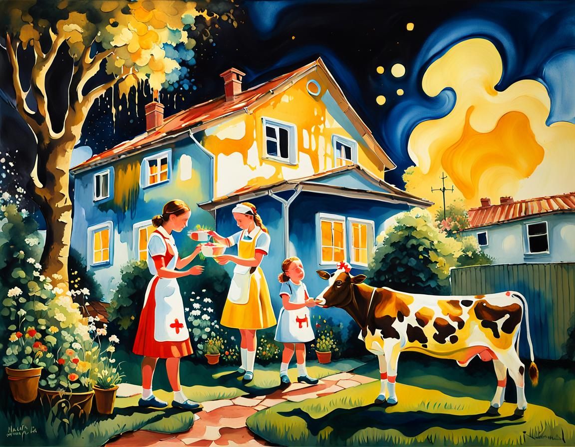 Surreal Milkmaid Nurse in Garden, Pop Pastoral Oil Painting