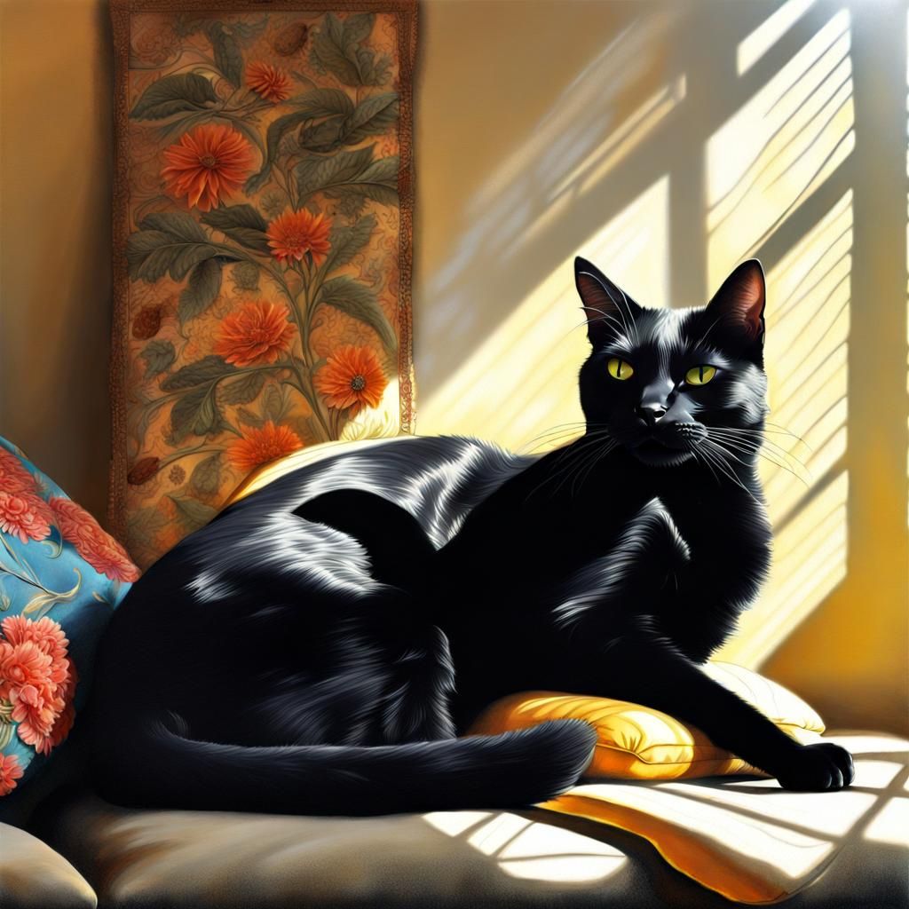 Black Cat Sunbeam: Photorealistic Mixed Media