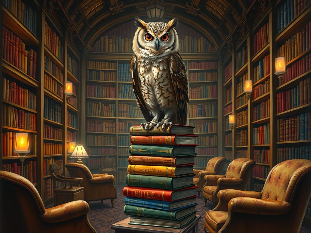 Cozy Library Scene with Wise Old Owl