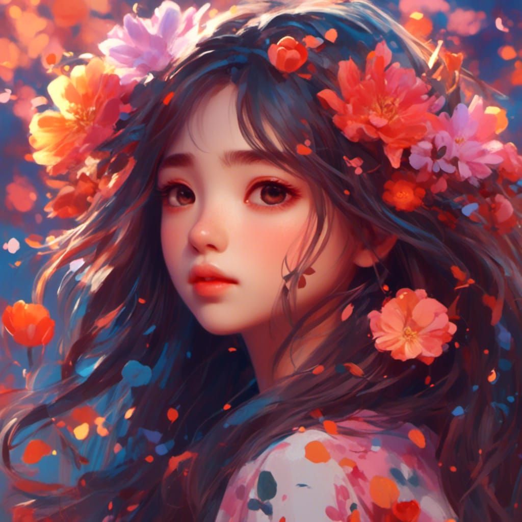 Anime Girl Portrait with Flowers in Fauvist Style