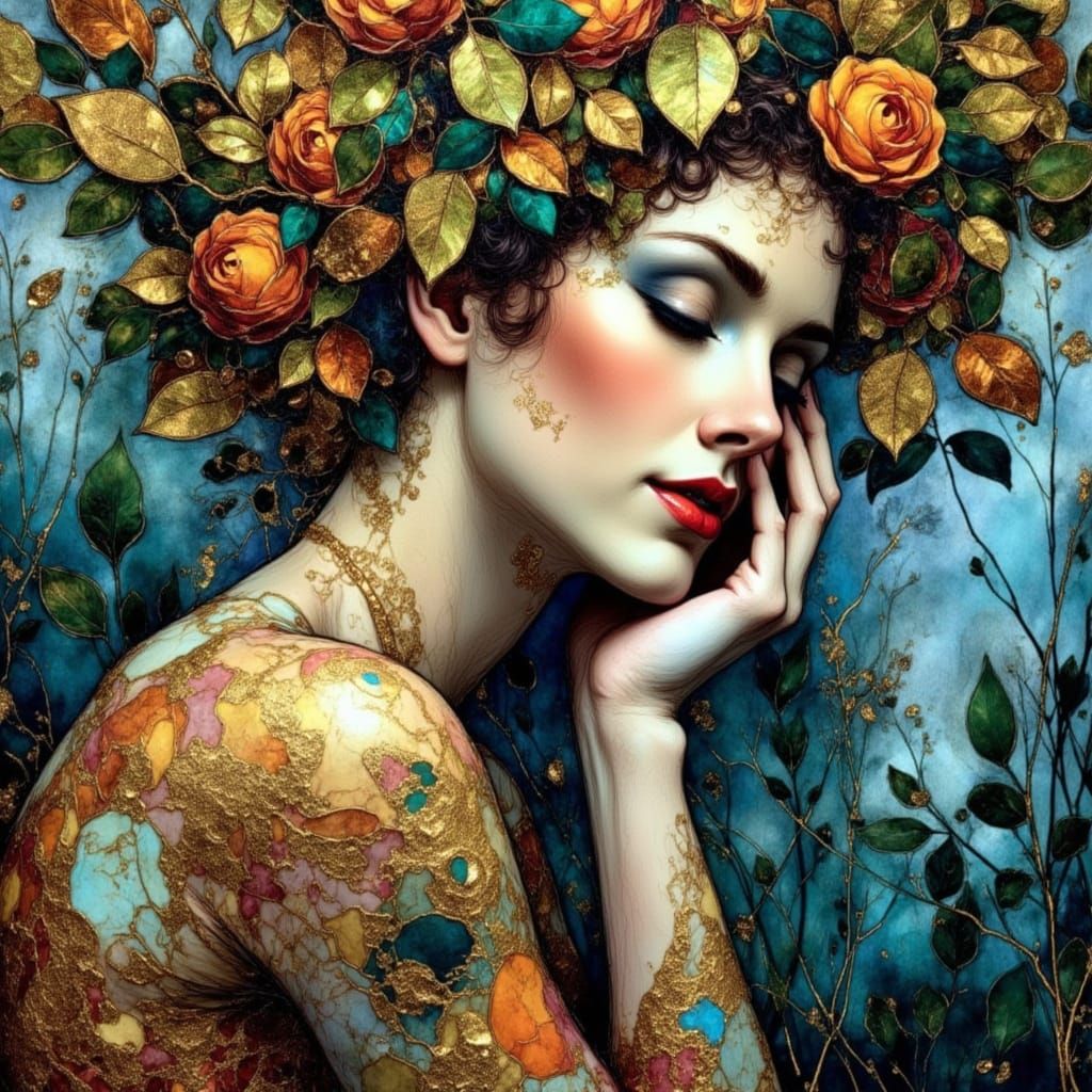 Nature Goddess in Gold and Blue, Klimt Style