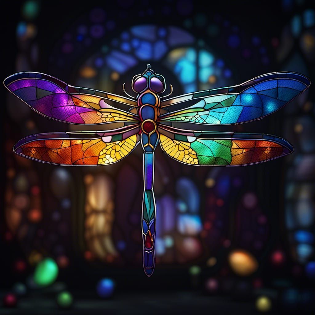 Radiant Stained Glass Rainbow Dragonfly at Night
