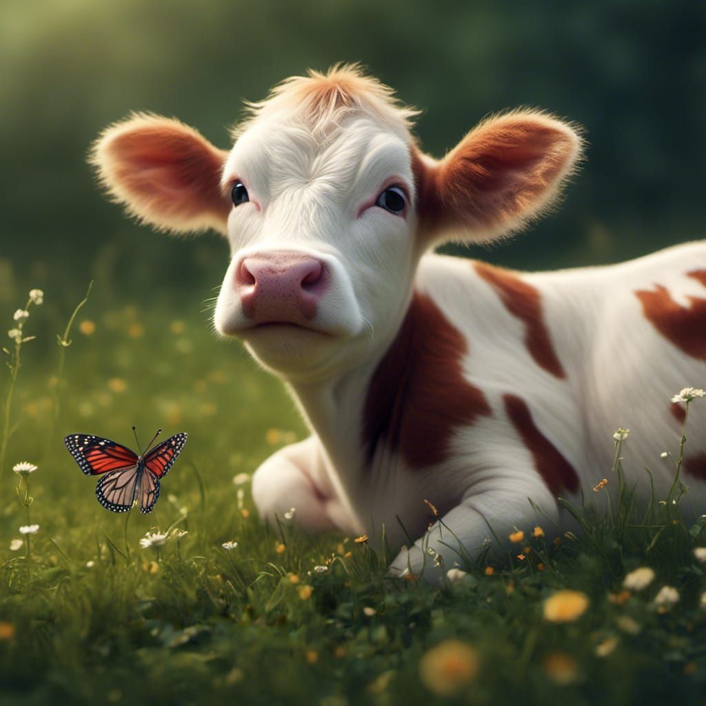 Baby Cow with Butterfly in Grassy Field