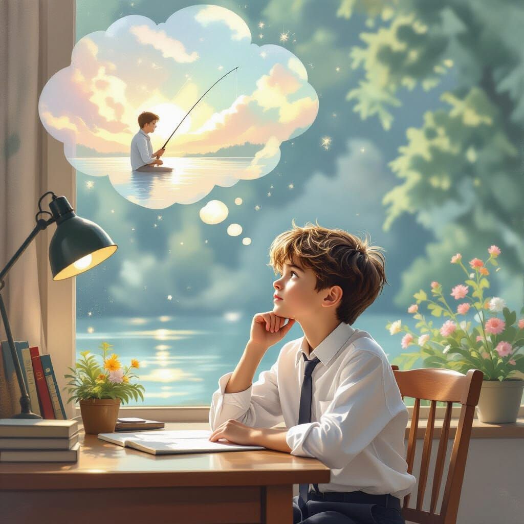 Dreamy Boy Fishing: Impressionistic School Daydream