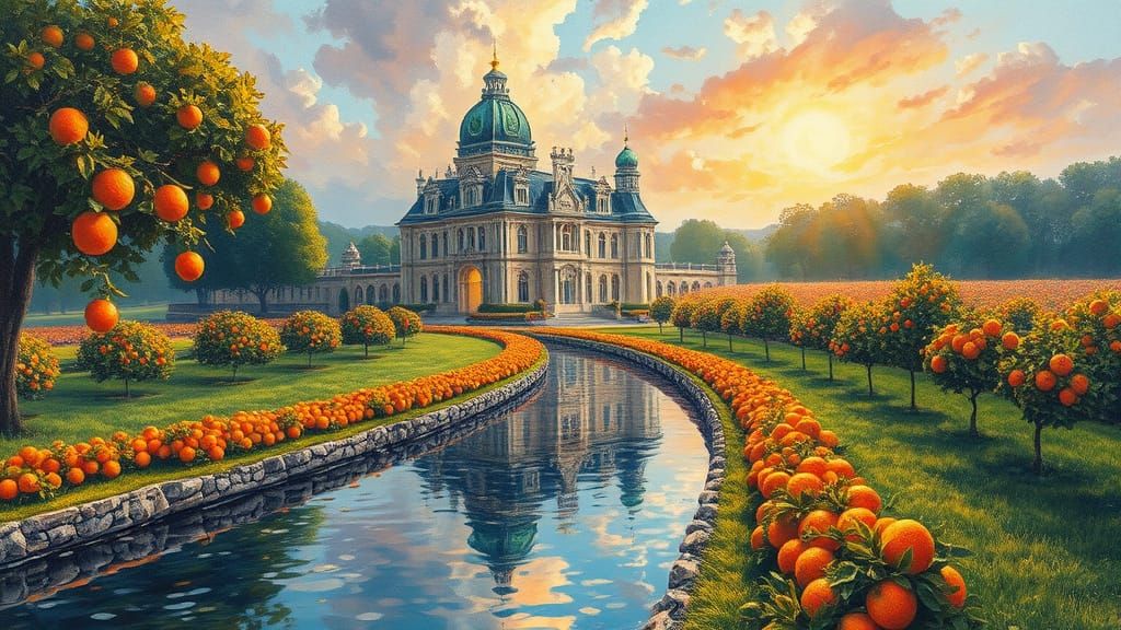 Luxury Chateau and Orange Farm in Impressionist Style