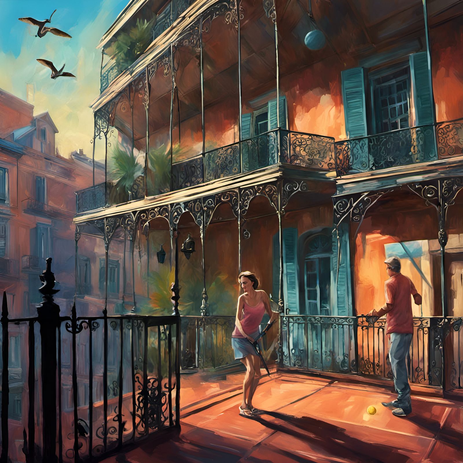 Impressionist Painting: Pickleball on a French Quarter Balco...
