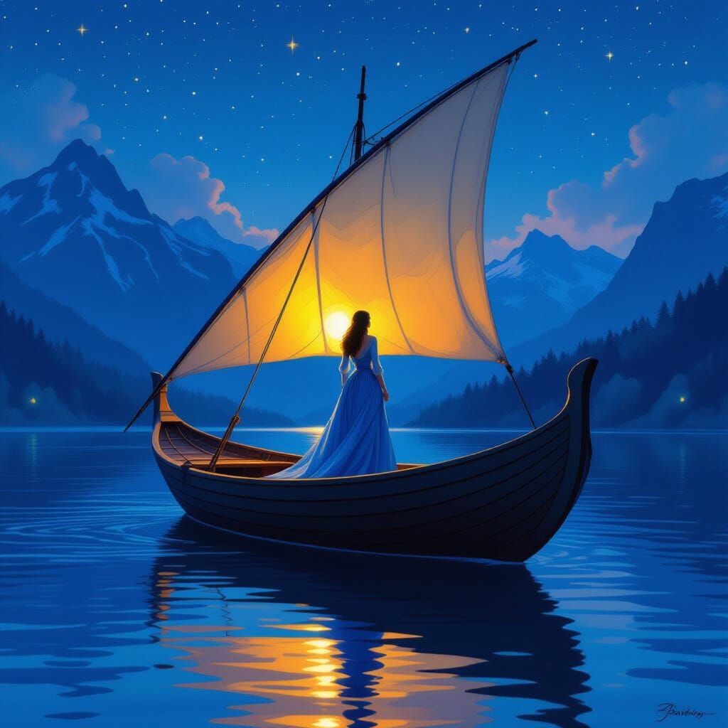 Woman in Blue Dress on Leaf Boat Under Starry Sky