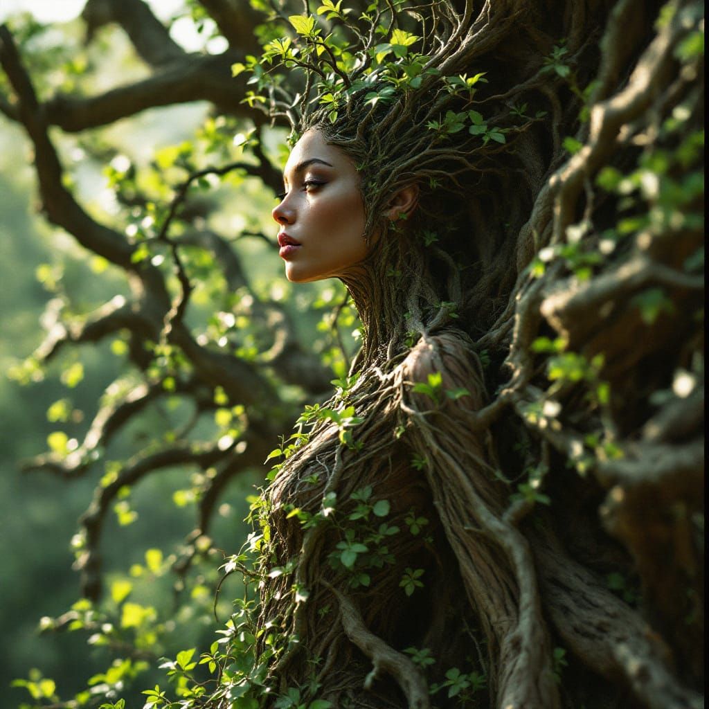 Dryad Formed From Tree Trunk With Branch Wings