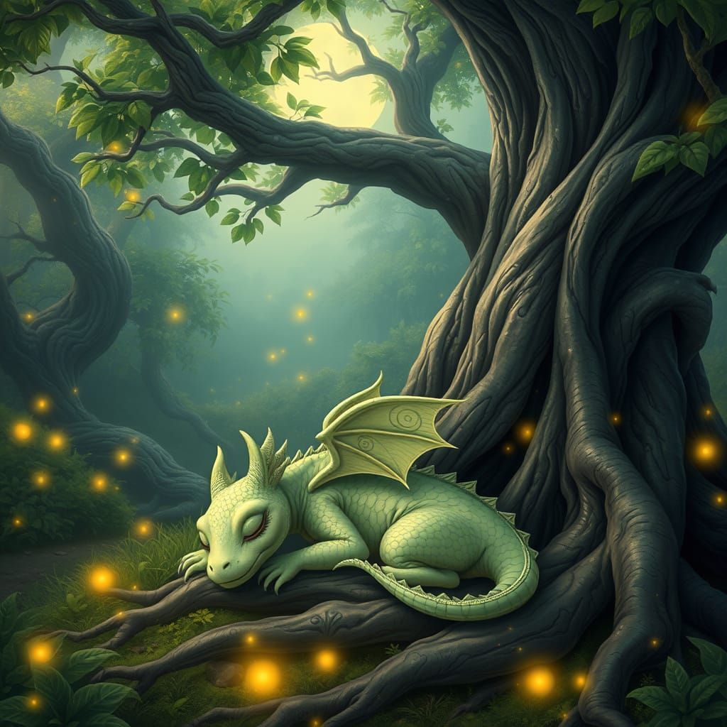 Whimsical Pale Green Dragon in Enchanted Forest