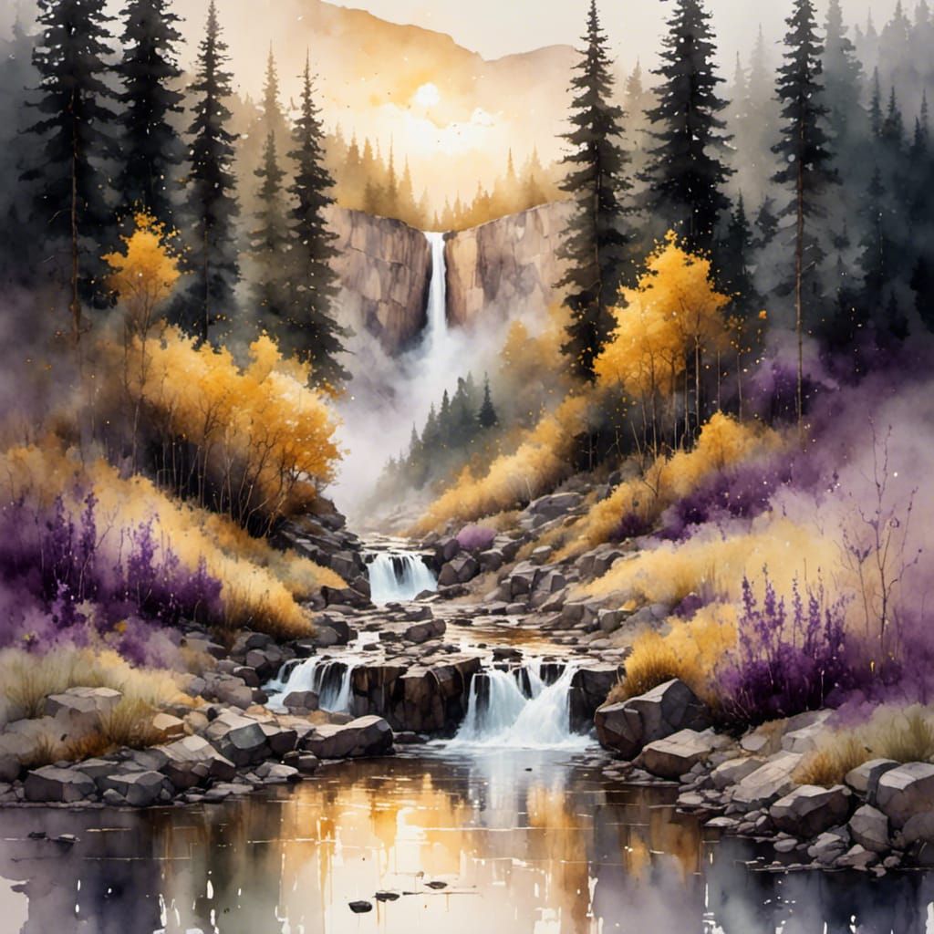 Waterfall at Dawn in Antique Watercolor Style