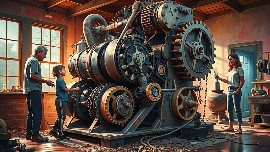 Family Builds Generator in Hyperrealistic Splash Art